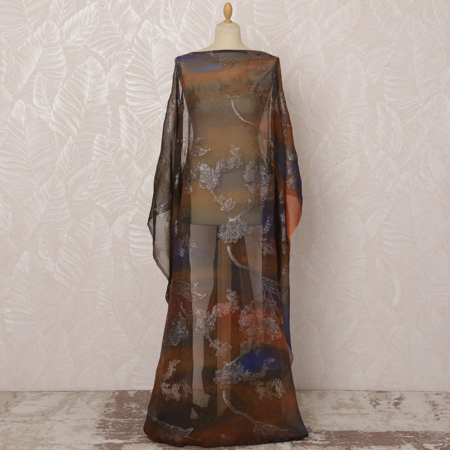 Rust Brown and Black Somali Silk Chiffon Dirac Fabric with Metallic Lurex, 3.5 Meters, 140 cm Width-D20849