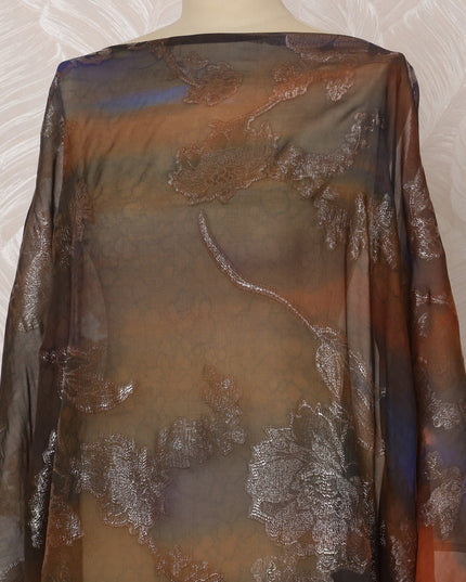 Rust Brown and Black Somali Silk Chiffon Dirac Fabric with Metallic Lurex, 3.5 Meters, 140 cm Width-D20849