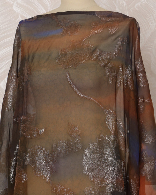 Rust Brown and Black Somali Silk Chiffon Dirac Fabric with Metallic Lurex, 3.5 Meters, 140 cm Width-D20849