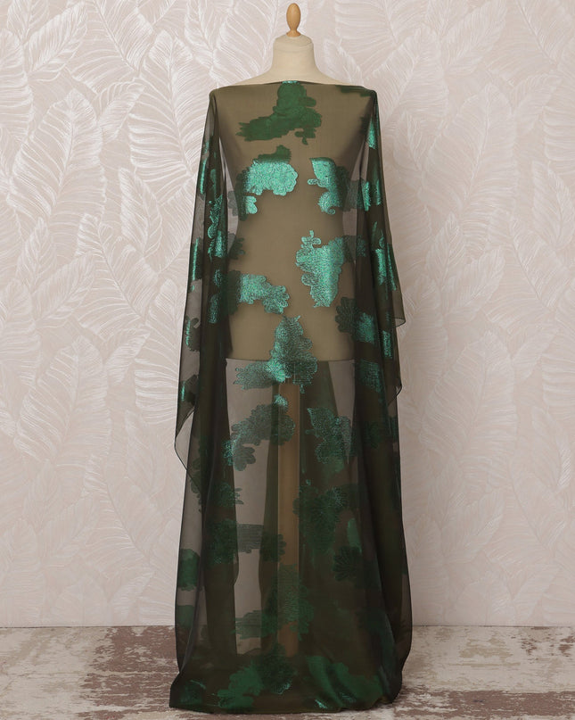 Dark Olive Green Somali Silk (Fransawi) Chiffon Dirac Fabric with Metallic Lurex, 3.5 Meters, 140 cm Width-D20850