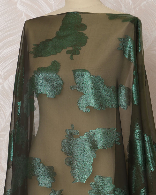 Dark Olive Green Somali Silk (Fransawi) Chiffon Dirac Fabric with Metallic Lurex, 3.5 Meters, 140 cm Width-D20850