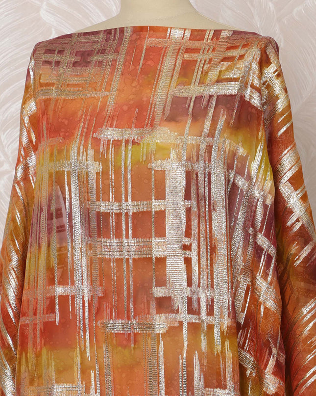 Orange and Gold Somali Silk Chiffon Dirac Fabric with Metallic Lurex, 3.5 Meters, 140 cm Width-D20851