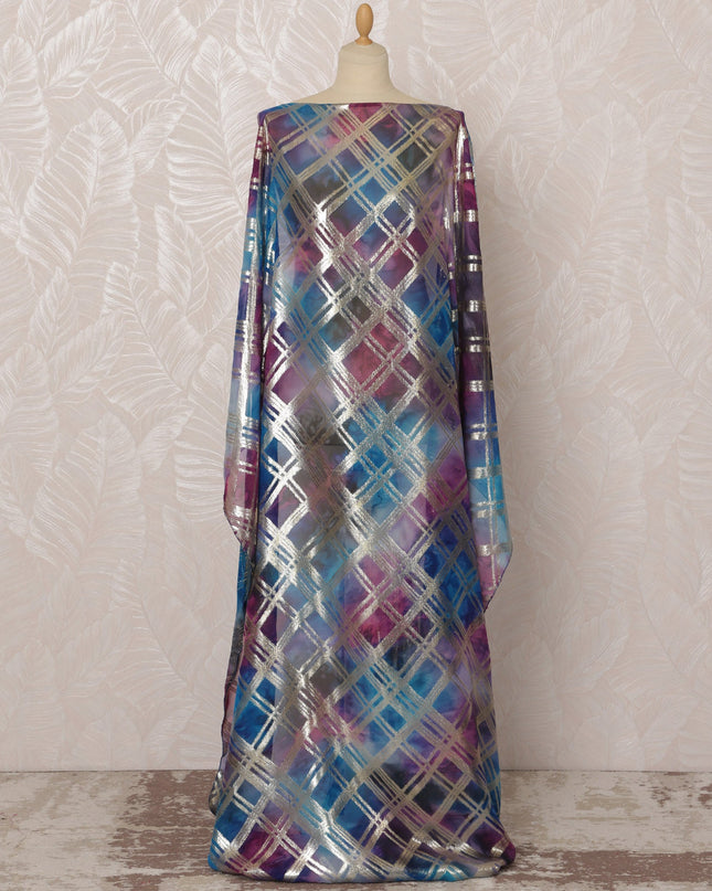 Multicolor Blue and Purple Somali Silk Chiffon Dirac Fabric with Metallic Lurex, 3.5 Meters, 140 cm Width-D20852