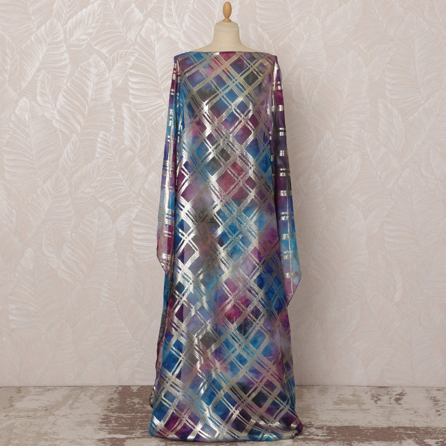 قماش ديراك من الحرير الصومالي متعدد الألوان باللون الأزرق والأرجواني مع لوركس معدني، 3.5 متر، عرض 140 سم - D20852