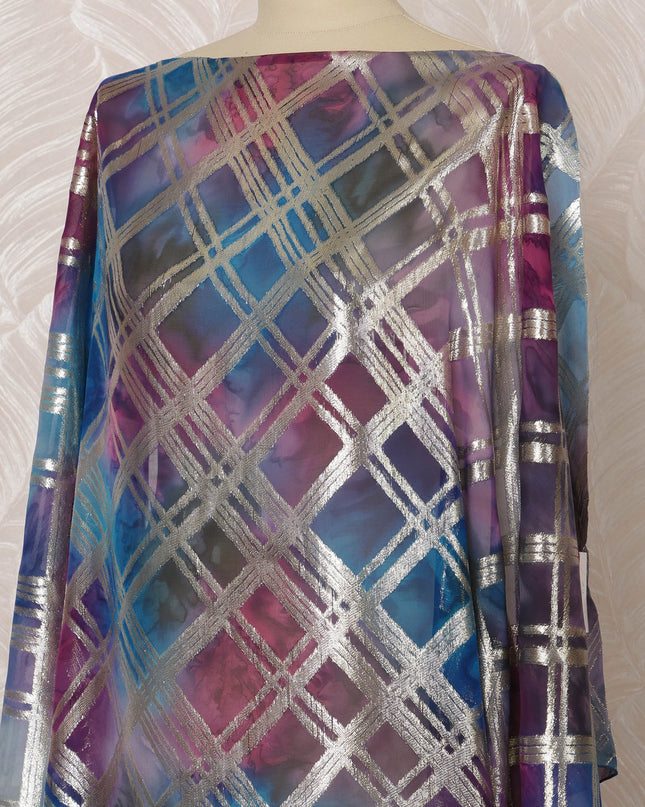 Multicolor Blue and Purple Somali Silk Chiffon Dirac Fabric with Metallic Lurex, 3.5 Meters, 140 cm Width-D20852