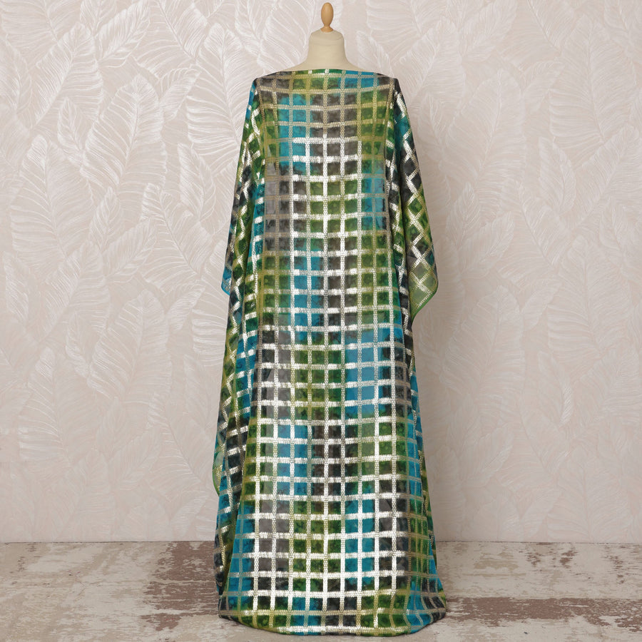 قماش شيفون حرير صومالي أخضر وأزرق مع لوركس معدني، 3.5 متر، عرض 140 سم - D20856