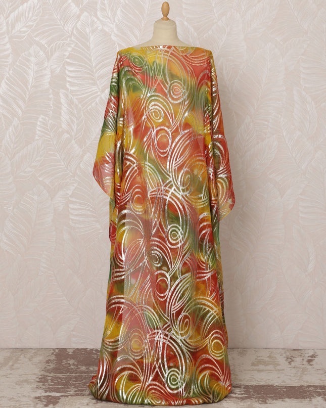 Multicolor Red, Yellow, and Green Somali Silk Chiffon Dirac Fabric with Metallic Lurex, 3.5 Meters, 140 cm Width-D20858