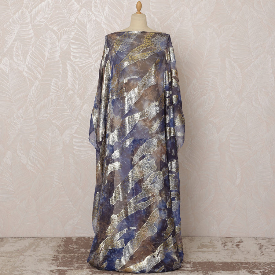 Blue and Brown Somali Silk Chiffon Dirac Fabric with Metallic Lurex, 3.5 Meters, 140 cm Width-D20859