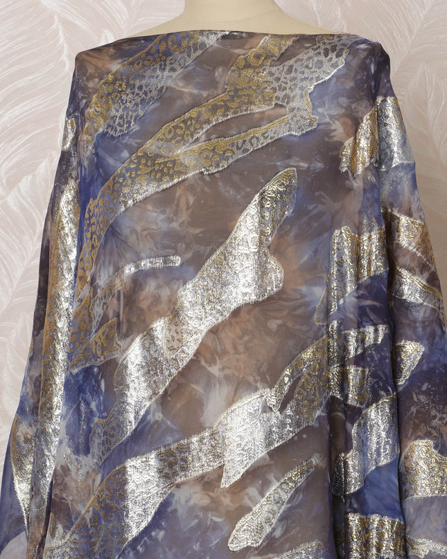 Blue and Brown Somali Silk Chiffon Dirac Fabric with Metallic Lurex, 3.5 Meters, 140 cm Width-D20859