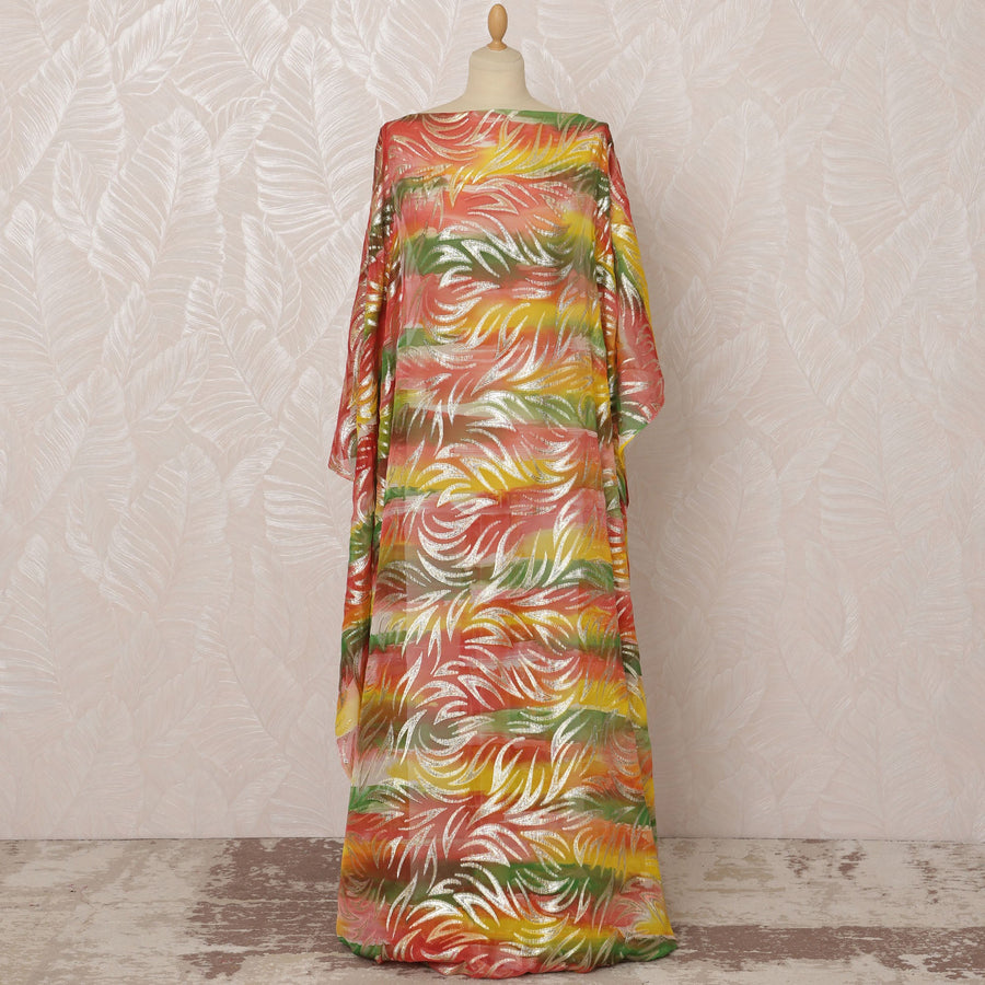Multicolor Red, Yellow, and Green Somali Silk Chiffon Dirac Fabric with Metallic Lurex, 3.5 Meters, 140 cm Width-D20860