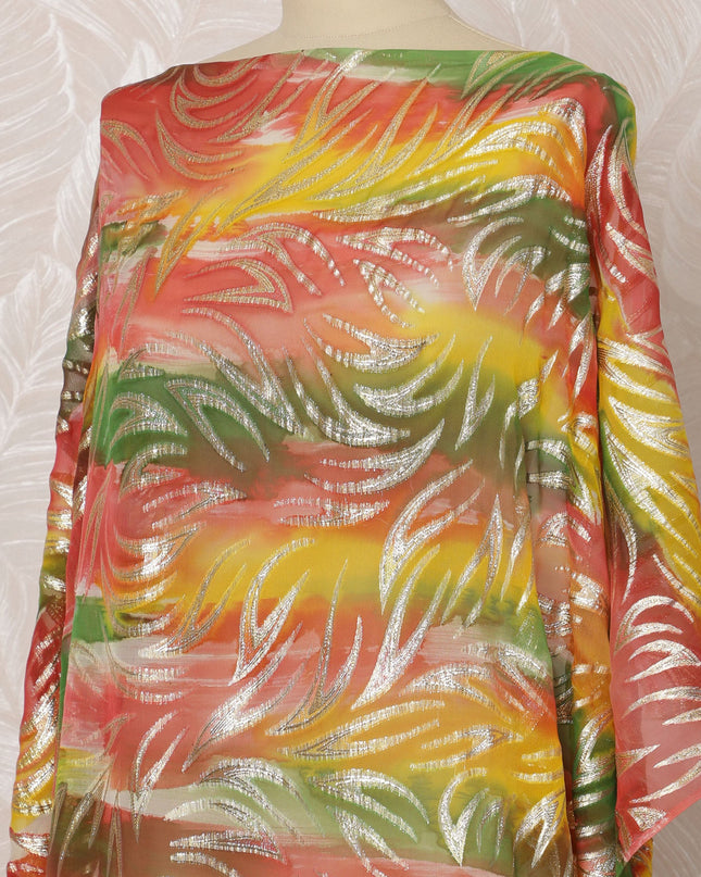 Multicolor Red, Yellow, and Green Somali Silk Chiffon Dirac Fabric with Metallic Lurex, 3.5 Meters, 140 cm Width-D20860