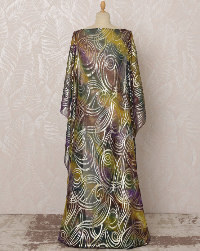 Multicolor Brown, Green, and Purple Somali Silk Chiffon Dirac Fabric with Metallic Lurex, 3.5 Meters, 140 cm Width-D20862