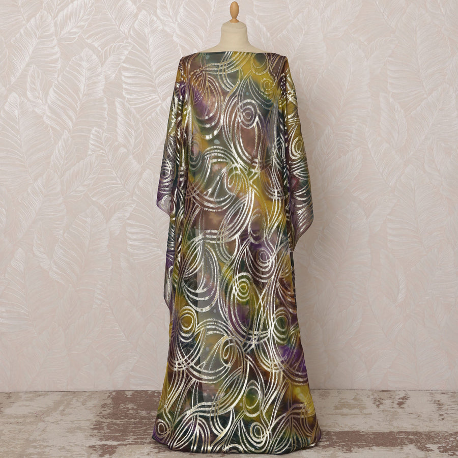 قماش شيفون حرير صومالي متعدد الألوان بني وأخضر وأرجواني مع لوركس معدني، 3.5 متر، عرض 140 سم - D20862