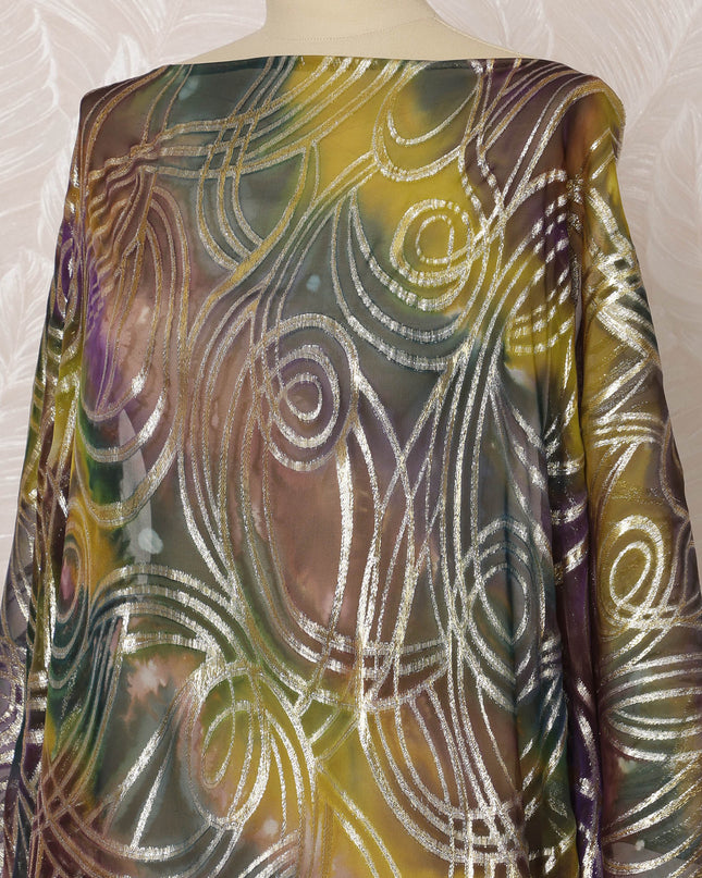 Multicolor Brown, Green, and Purple Somali Silk Chiffon Dirac Fabric with Metallic Lurex, 3.5 Meters, 140 cm Width-D20862