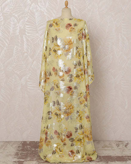 Yellow Somali Silk Chiffon Dirac Fabric with Floral Metallic Lurex, 3.5 Meters, 140 cm Width-D20864