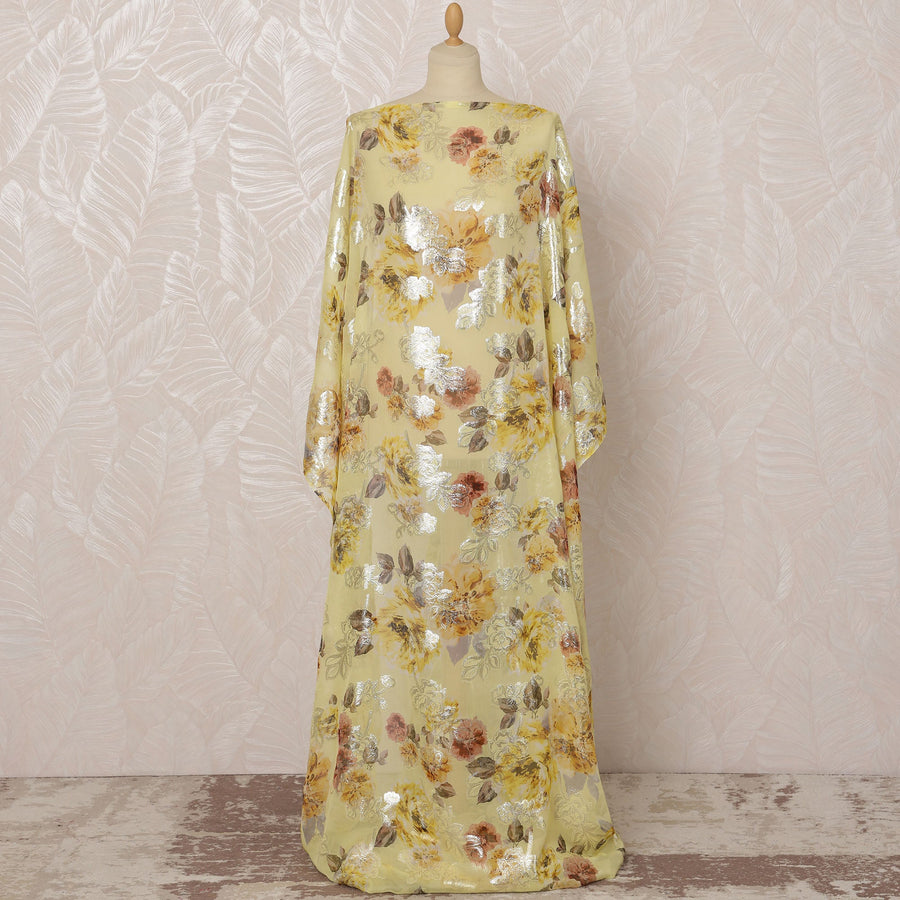 قماش شيفون حرير صومالي أصفر مع لوركس معدني مزهر، 3.5 متر، عرض 140 سم - D20864