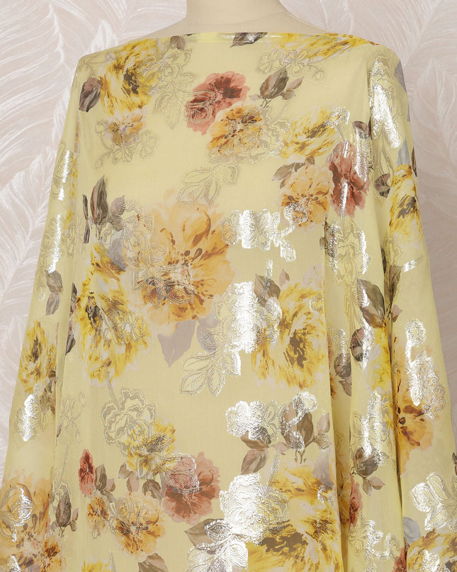 Yellow Somali Silk Chiffon Dirac Fabric with Floral Metallic Lurex, 3.5 Meters, 140 cm Width-D20864