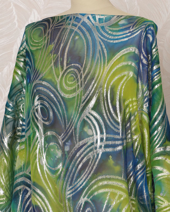 Green and Blue Somali Silk Chiffon Dirac Fabric with Metallic Lurex, 3.5 Meters, 140 cm Width-D20865