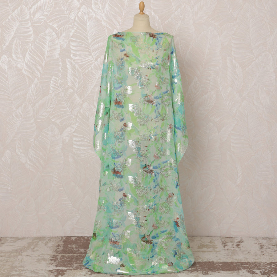 قماش شيفون حرير صومالي باللون الأخضر النعناعي مع لوركس معدني مزخرف بالزهور، 3.5 متر، عرض 140 سم - D20866