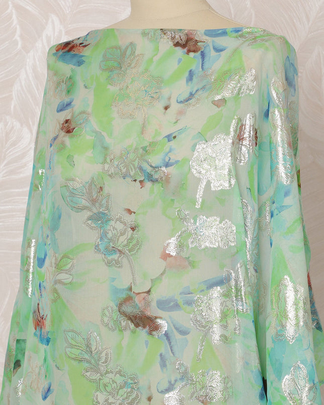 Mint Green Somali Silk Chiffon Dirac Fabric with Floral Metallic Lurex, 3.5 Meters, 140 cm Width-D20866