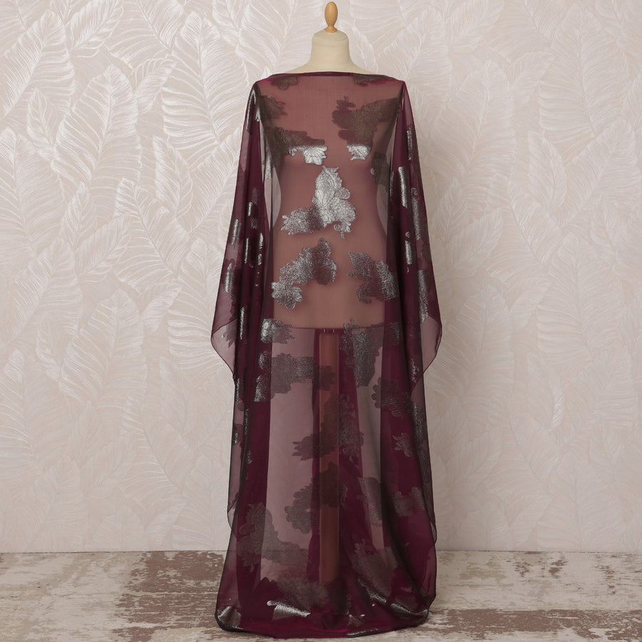 قماش شيفون ديراك من الحرير الصومالي (الفرنسوي) باللون العنابي مع لوركس معدني، 3.5 متر، عرض 140 سم - D20868