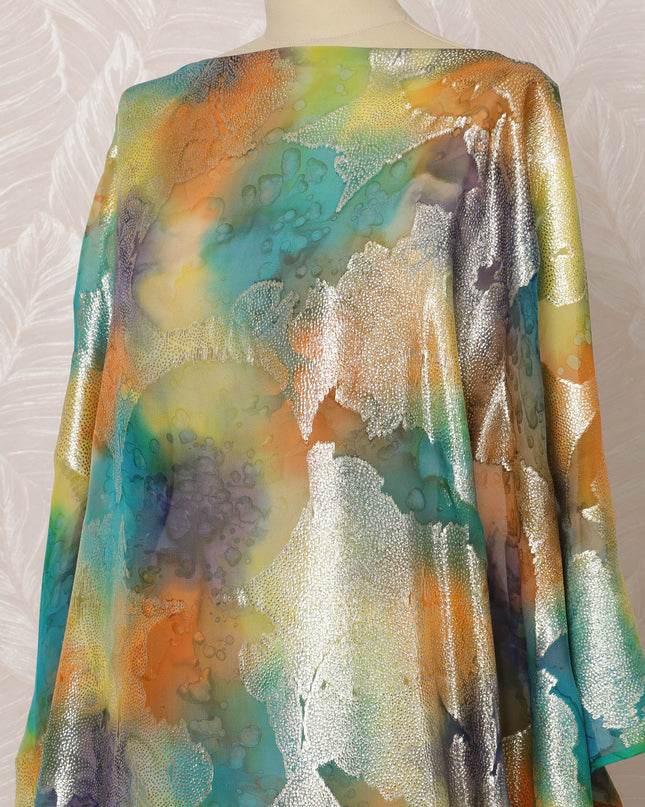 Multicolor Orange, Teal, and Gold Somali Silk Chiffon Dirac Fabric with Metallic Lurex, 3.5 Meters, 140 cm Width-D20869