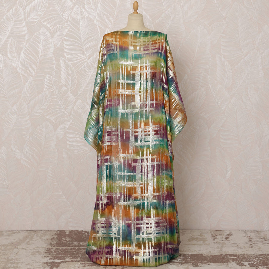 قماش ديراك من الحرير الصومالي متعدد الألوان باللون البرتقالي والأخضر والأرجواني مع لوركس معدني، 3.5 متر، عرض 140 سم - D20870