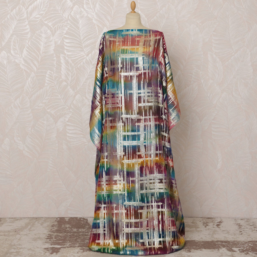 Multicolor Burgundy, Teal, and Gold Somali Silk Chiffon Dirac Fabric with Metallic Lurex, 3.5 Meters, 140 cm Width-D20871