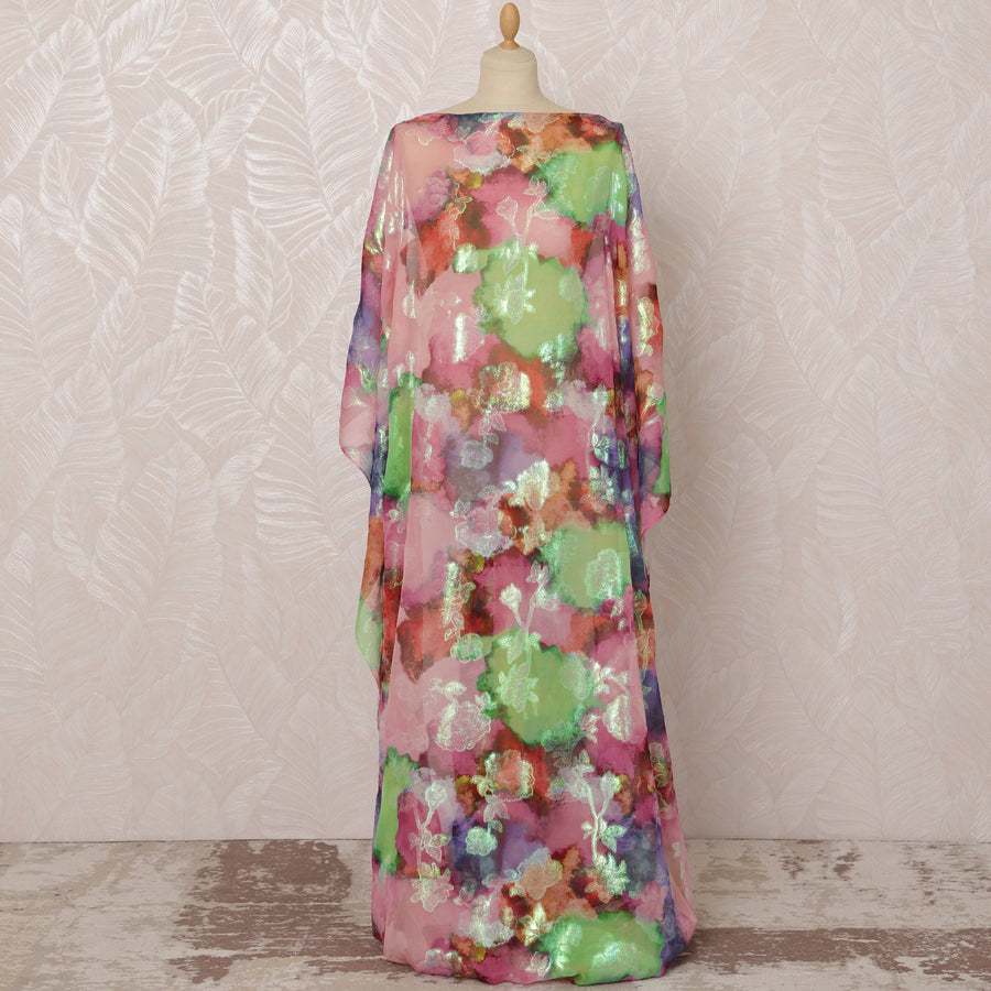 Pink and Green Somali Silk Chiffon Dirac Fabric with Metallic Lurex, 3.5 Meters, 140 cm Width-D20872