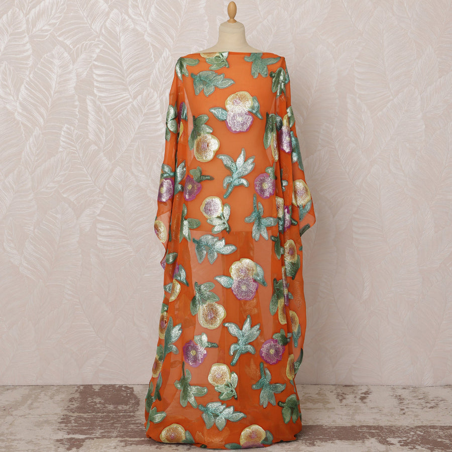 قماش ديراك من الشيفون الحريري الصومالي البرتقالي مع لوركس معدني مزخرف بالزهور، 3.5 متر، عرض 140 سم - D20875