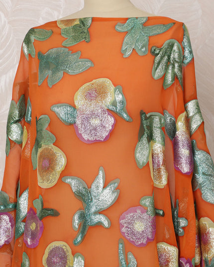 Orange Somali Silk Chiffon Dirac Fabric with Floral Metallic Lurex, 3.5 Meters, 140 cm Width-D20875