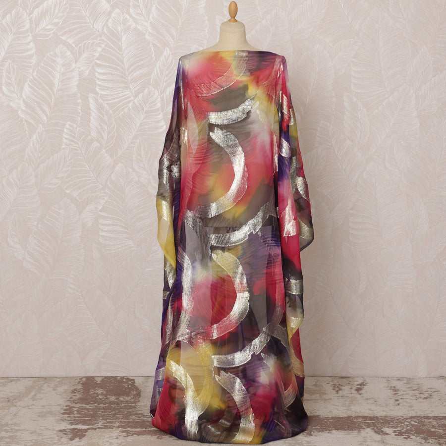 Multicolor Red, Yellow, and Black Somali Silk Chiffon Dirac Fabric with Metallic Lurex, 3.25 Meters, 140 cm Width-D20876