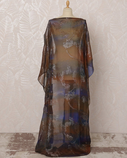 Brown and Blue Somali Silk Chiffon Dirac Fabric with Metallic Lurex, 3.5 Meters, 140 cm Width-D20877