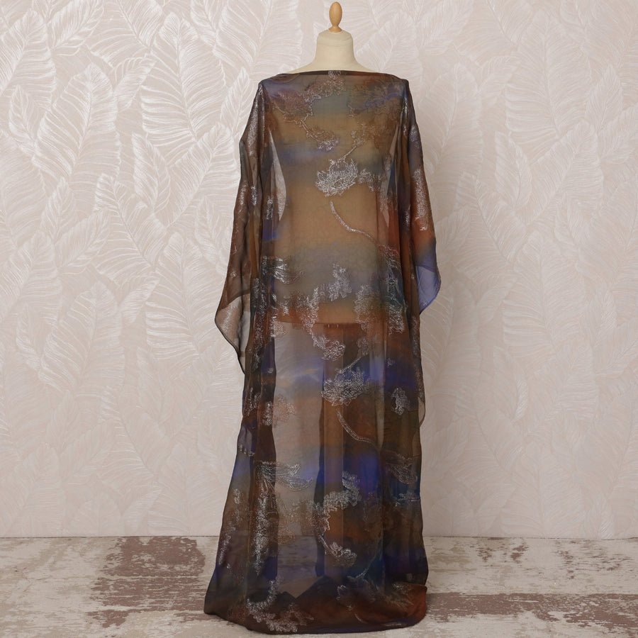 Brown and Blue Somali Silk Chiffon Dirac Fabric with Metallic Lurex, 3.5 Meters, 140 cm Width-D20877