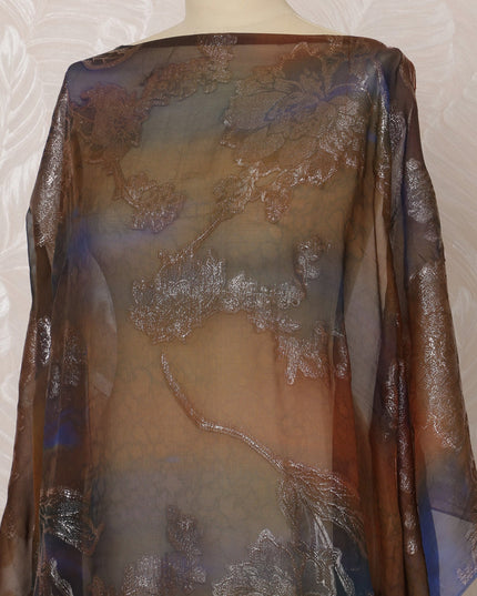 Brown and Blue Somali Silk Chiffon Dirac Fabric with Metallic Lurex, 3.5 Meters, 140 cm Width-D20877