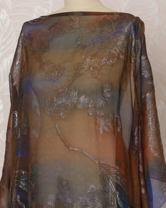 Brown and Blue Somali Silk Chiffon Dirac Fabric with Metallic Lurex, 3.5 Meters, 140 cm Width-D20877