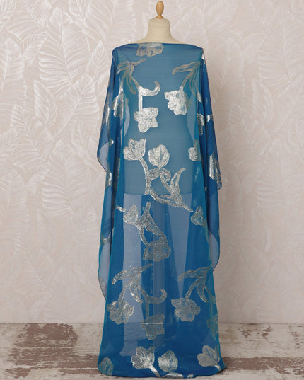 Royal Blue Somali Silk Chiffon Dirac Fabric with Silver Metallic Lurex, 3.5 Meters, 140 cm Width-D20878