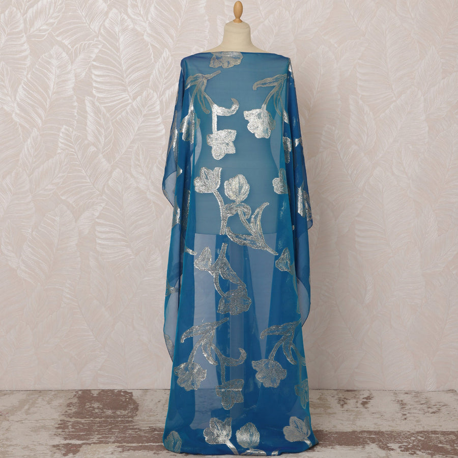 قماش ديراك شيفون حرير صومالي أزرق ملكي مع لوركس فضي معدني، 3.5 متر، عرض 140 سم - D20878