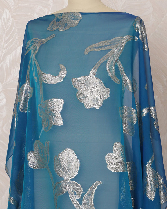 Royal Blue Somali Silk Chiffon Dirac Fabric with Silver Metallic Lurex, 3.5 Meters, 140 cm Width-D20878