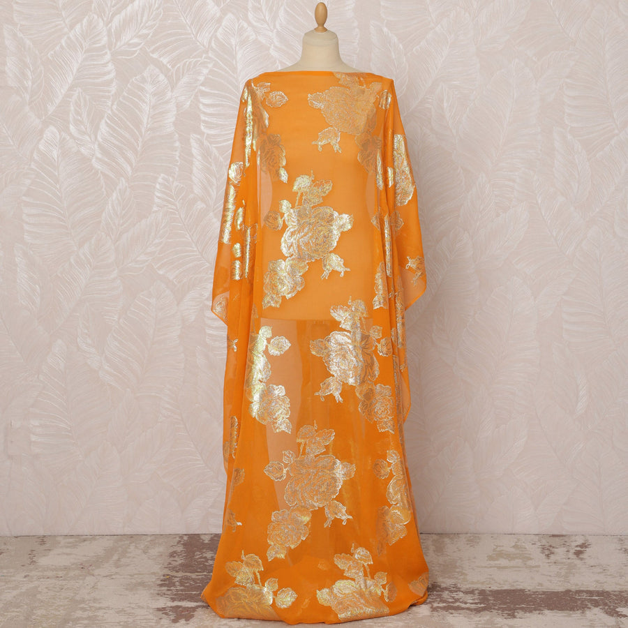 قماش ديراك شيفون حرير صومالي برتقالي مع لوركس معدني ذهبي، 3.5 متر، عرض 140 سم - D20882