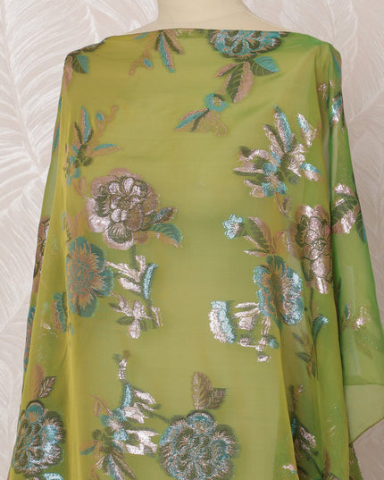 Green Somali Silk Chiffon Dirac Fabric with Silver and Blue Metallic Lurex, 3.5 Meters, 140 cm Width-D20883