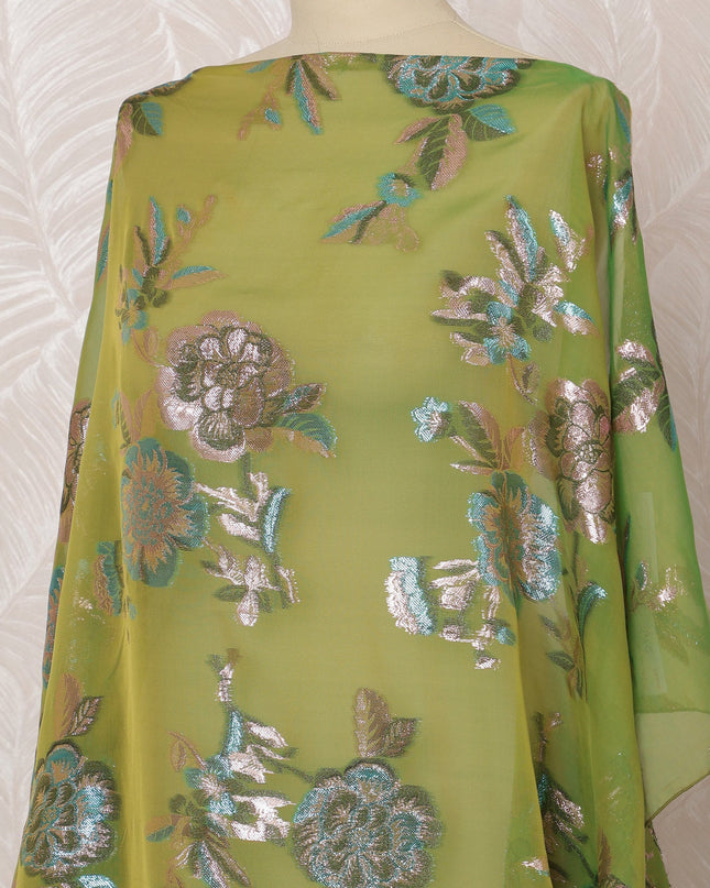 Green Somali Silk Chiffon Dirac Fabric with Silver and Blue Metallic Lurex, 3.5 Meters, 140 cm Width-D20883