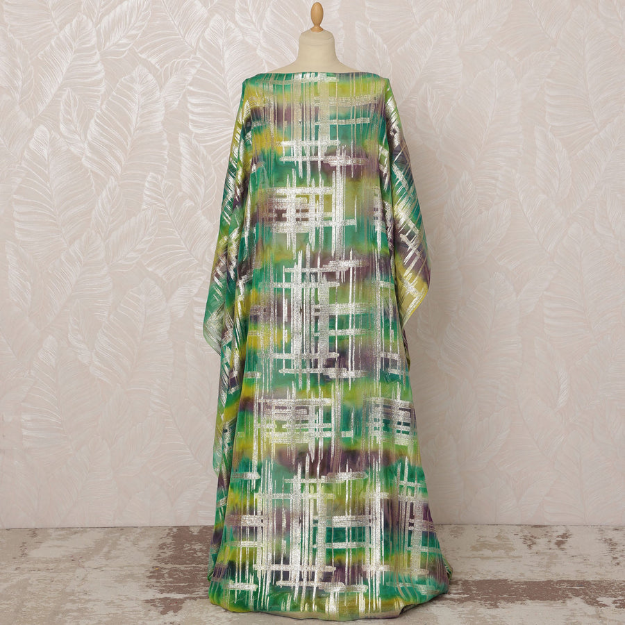 Green and Yellow Somali Silk Chiffon Dirac Fabric with Metallic Lurex, 3.5 Meters, 140 cm Width-D20884
