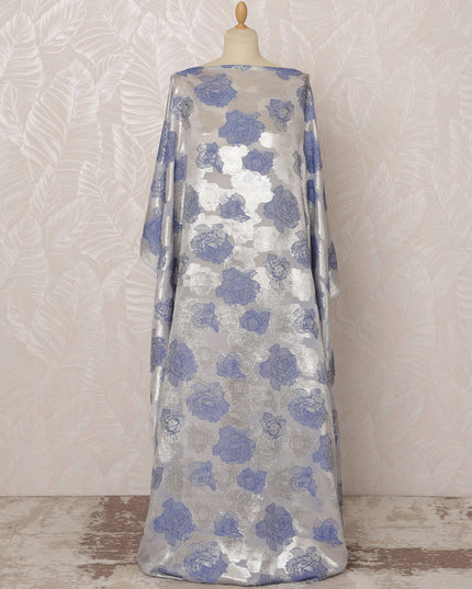 Silver and Blue Somali Silk (Fransawi) Chiffon Dirac Fabric with Metallic Lurex, 3.5 Meters, 140 cm Width-D20886