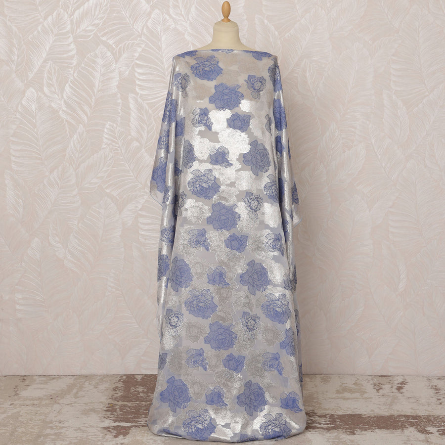 قماش شيفون ديراك من الحرير الصومالي (الفرنسوي) باللونين الفضي والأزرق مع لوركس معدني، 3.5 متر، عرض 140 سم - D20886