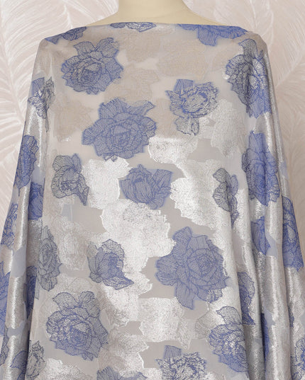 Silver and Blue Somali Silk (Fransawi) Chiffon Dirac Fabric with Metallic Lurex, 3.5 Meters, 140 cm Width-D20886