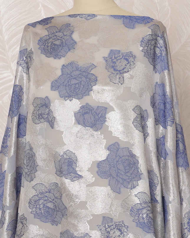 Silver and Blue Somali Silk (Fransawi) Chiffon Dirac Fabric with Metallic Lurex, 3.5 Meters, 140 cm Width-D20886