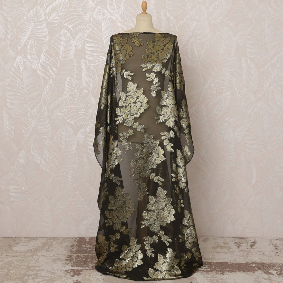 قماش شيفون ديراك من الحرير الصومالي (الفرنسوي) باللون الأخضر الداكن مع لوركس معدني، 3.5 متر، عرض 140 سم، صنع في فرنسا - D20888