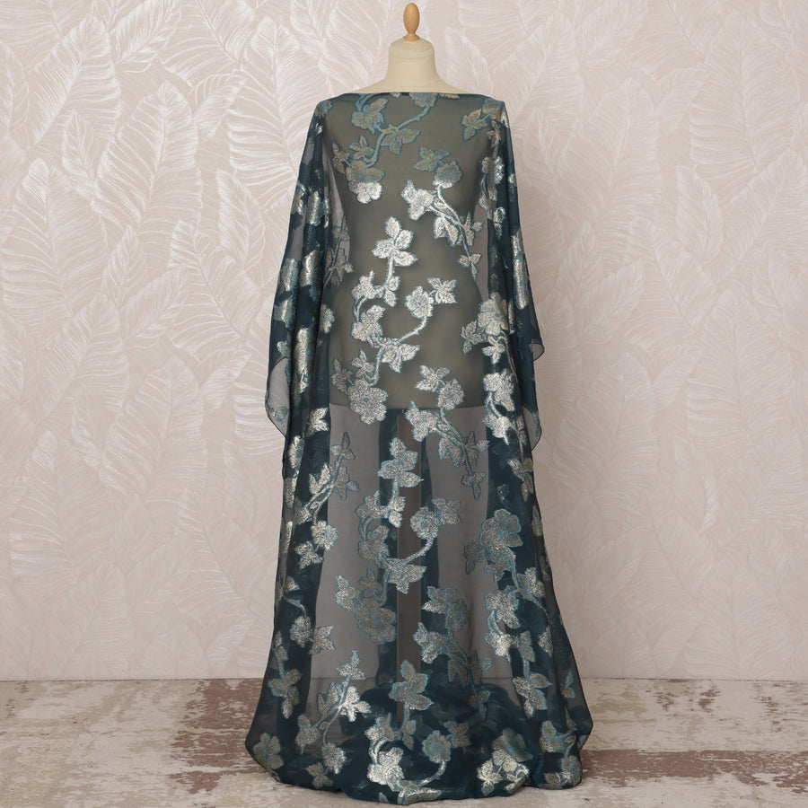 Teal Green Somali Silk (Fransawi) Chiffon Dirac Fabric with Silver Metallic Lurex, 3.5 Meters, 140 cm Width, France-D20892