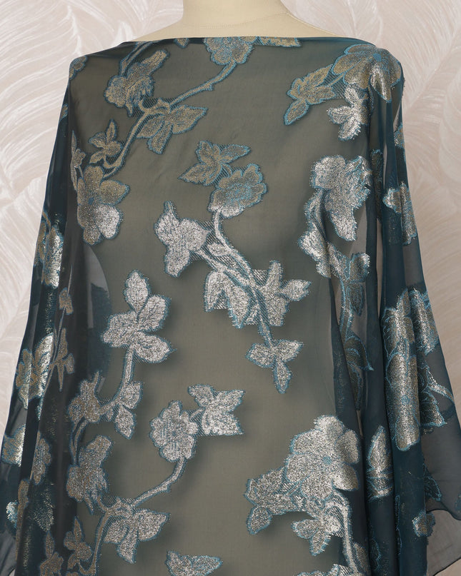 Teal Green Somali Silk (Fransawi) Chiffon Dirac Fabric with Silver Metallic Lurex, 3.5 Meters, 140 cm Width, France-D20892